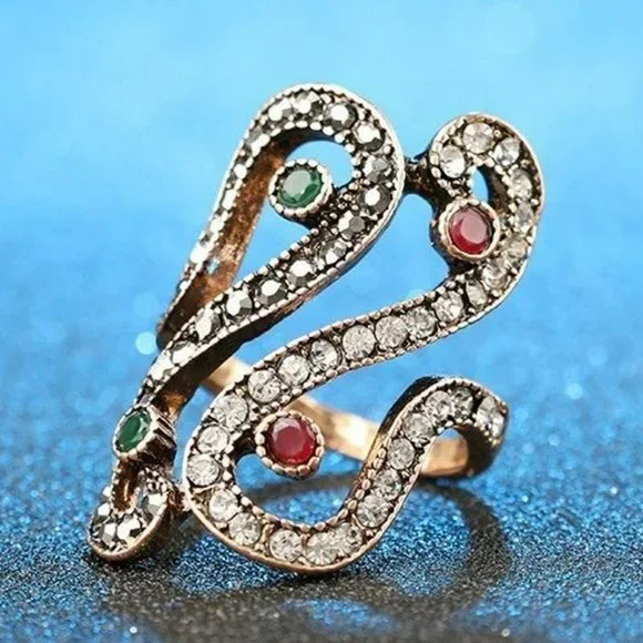 Unique Ethnic Filled Resin Antique Gold Ring - Picture 1 of 10